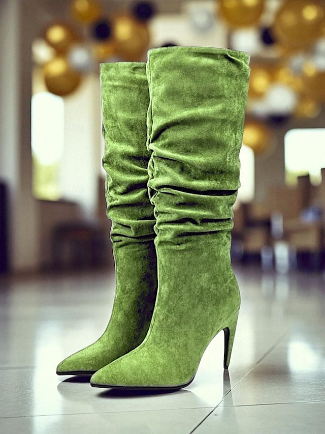 Women's Boots Pointed Velvet Slouch Knee - High Green Toe