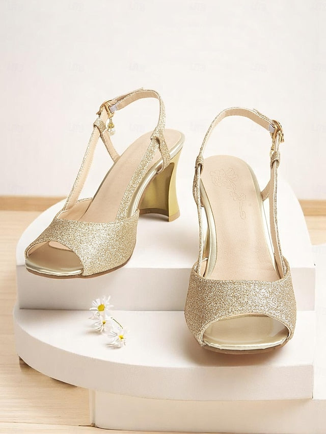 Slingback Gold Open-Toe Sparkly Women's Heels - Glitter