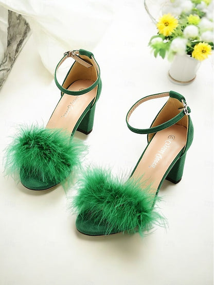 Feather-Embellished – Wedding Heel Block Sandals Women for