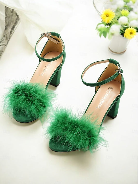 Feather-Embellished – Wedding Heel Block Sandals Women for