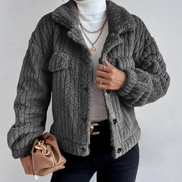 Buttons Plain Coat Casual Women's Comfortable Warm Teddy