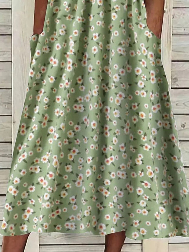 Women's Midi Dress Floral Ditsy Ruched Pocket Crew Neck