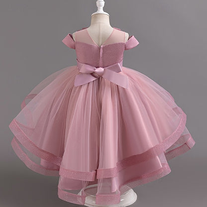 Sleeve Party Color Short Dress Girls' Solid Kids Wedding