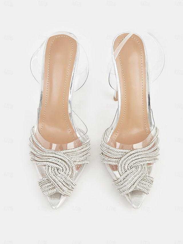 Sandals Stiletto Silver with Transparent Rhinestone – Straps