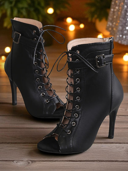 Booties Heel Women's Lace-Up - High Stiletto Peep Black Toe