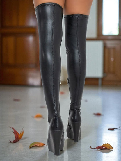Black Heel Faux Over Boots Knee - Women's the Wedge Leather