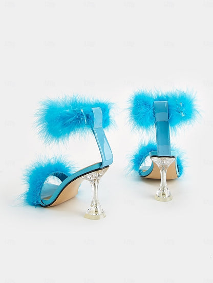 Feather-Embellished High Clear Sandals Turquoise with Heel