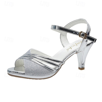 - Women's Heel Straps Sandals Mid Silver Glitter with