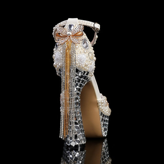 Women's White Platform Pearl Rhinestone Embellished and