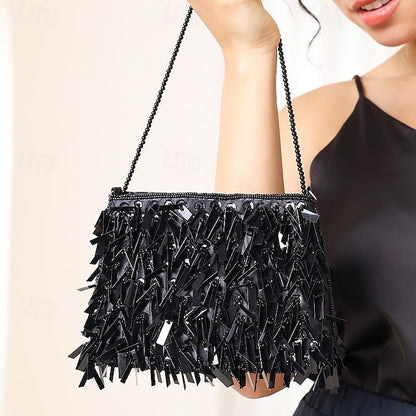 Sparkling Fringe Black Clutch with Evening and Crystal Luxurious