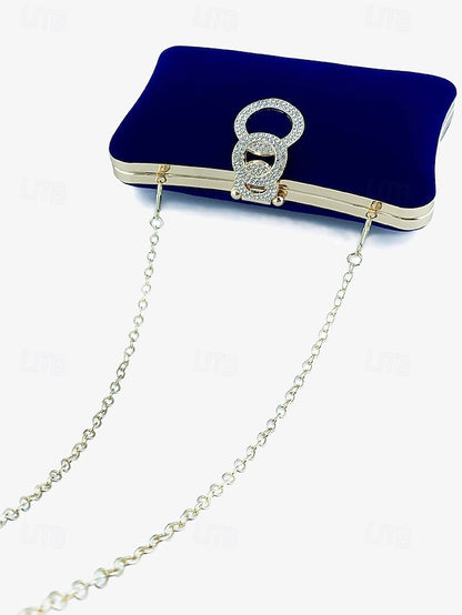 Blue Velvet Rhinestone Bag Women's Clutch with Elegant Ring
