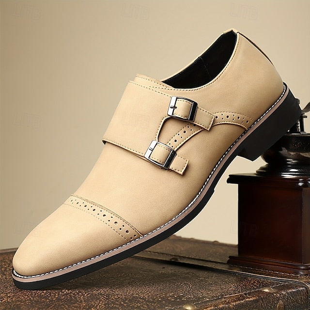 Faux Strap Shoes Men's with Double Leather Monk Beige