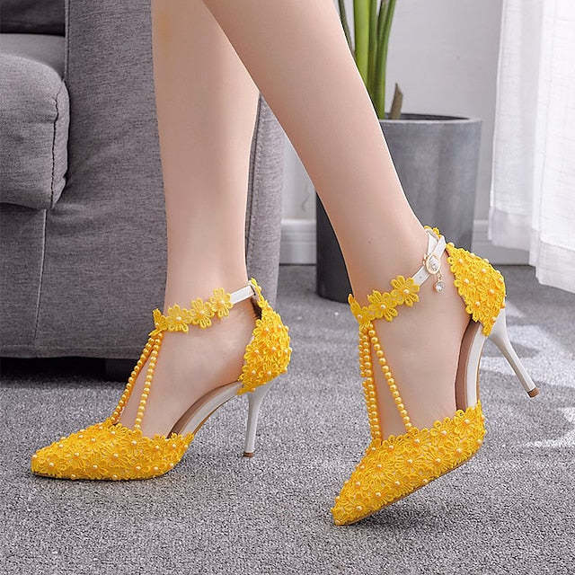 Wedding Shoes Heel Pointed High Women's Lace Bridal