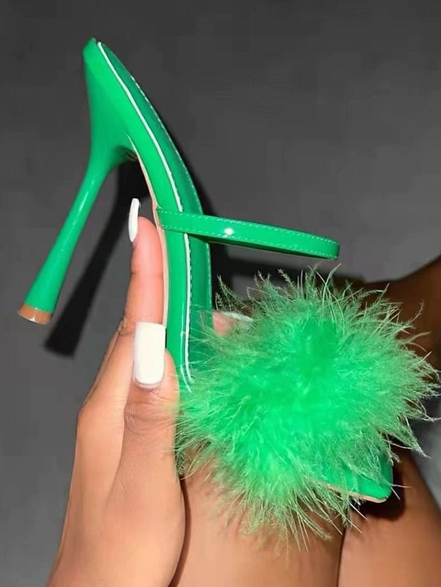 – Bold Feathered Green Sandals High Heeled