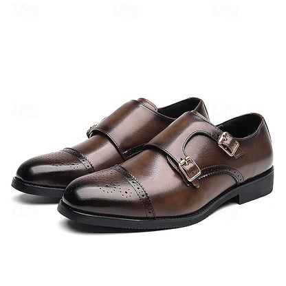 Shoes Men's Double Strap Leather with Faux Brown Monk