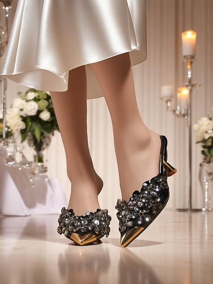 Black – Pointed-Toe Embellished Mules Women's Rhinestone