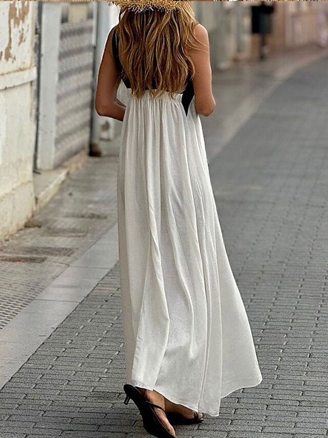 Women's Black White Summer Spring Maxi Dress Cotton Blend