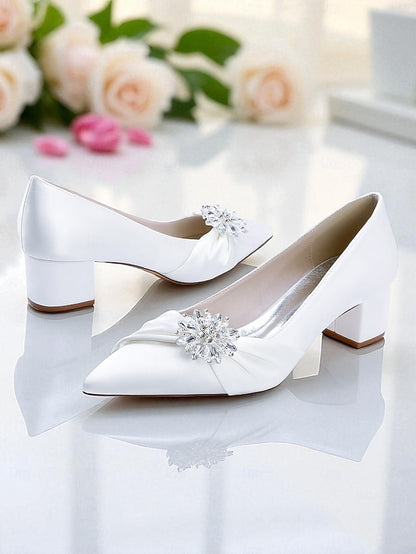 Block White Pumps Women's with Crystal Heel Low