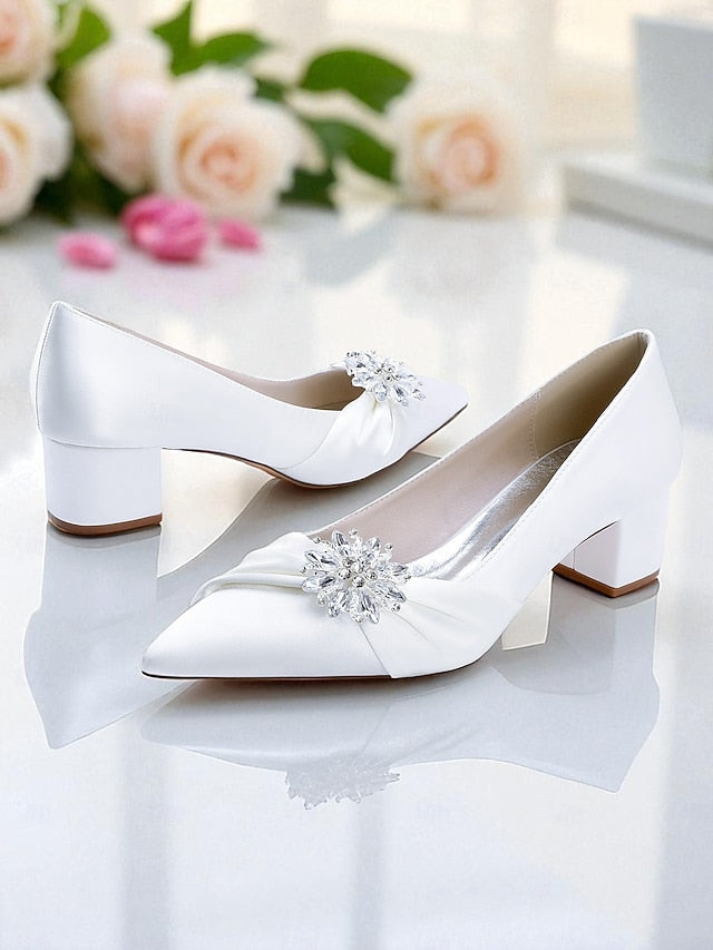 Block Heel Pumps with Crystal Low White Women's