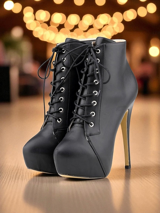 Boots Platform Beige Ankle - Women's Lace-Up Leather Faux