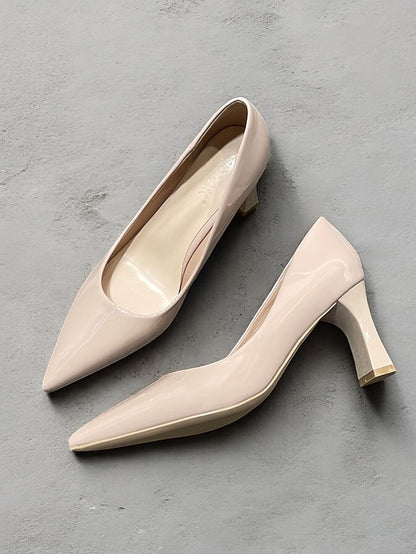 Pumps Patent Faux Pointed-Toe Heel Glossy Leather Green Block