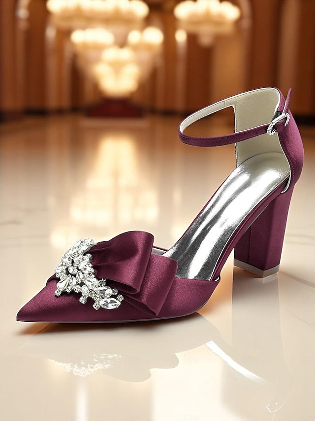 Heel Women's Block Bow Satin Pumps and with Crystal