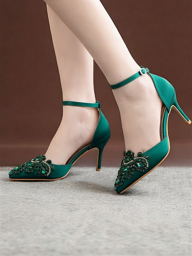 Ankle Emerald Strap Women's Green Heels Pointed Satin –