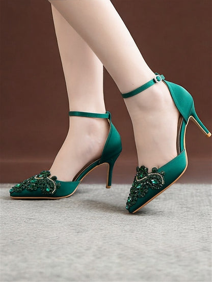 Women's Strap Green – Emerald Pointed Heels Satin Ankle