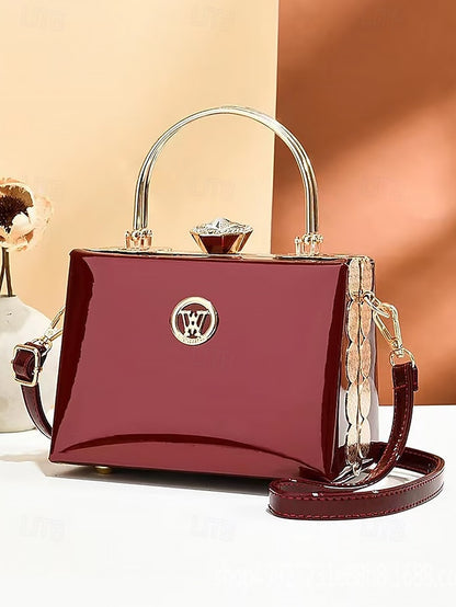 Handbag with Patent Evening Burgundy Gold Women's Leather