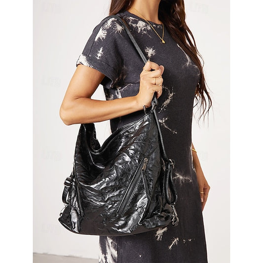 Schwarze Hobo-Tasche aus Leder für Damen – Lack-Crinkle-Tasche Sleek