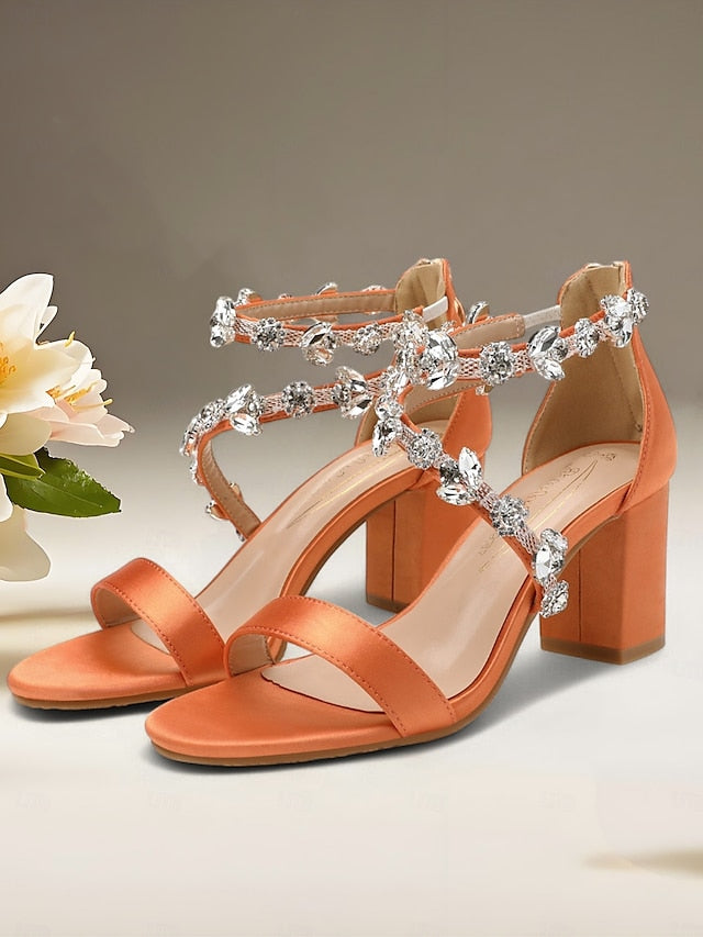 Straps Sandals Heel Crystal Women's Satin with Pink Block