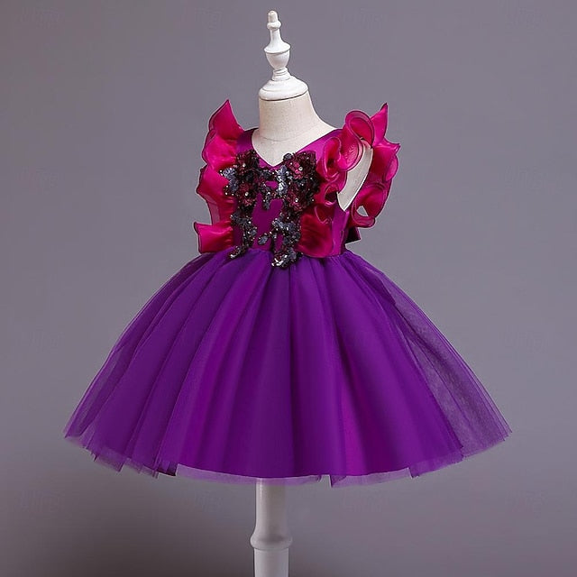 Solid Color Girls' Dress Sequin Flower Kids Party