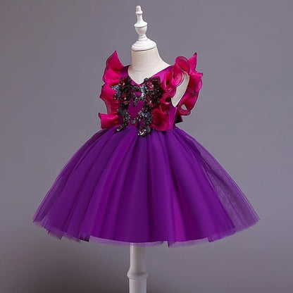 Solid Color Girls' Dress Sequin Flower Kids Party