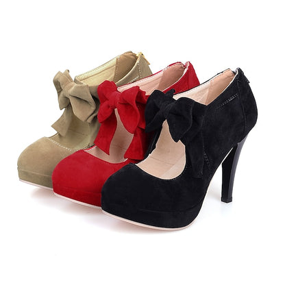 Pumps Bow Suede Vintage Platform High Women's Heel – Red