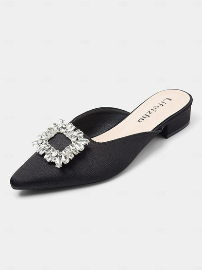 Satin Black Mules Rhinestone Women's with Pointed-Toe
