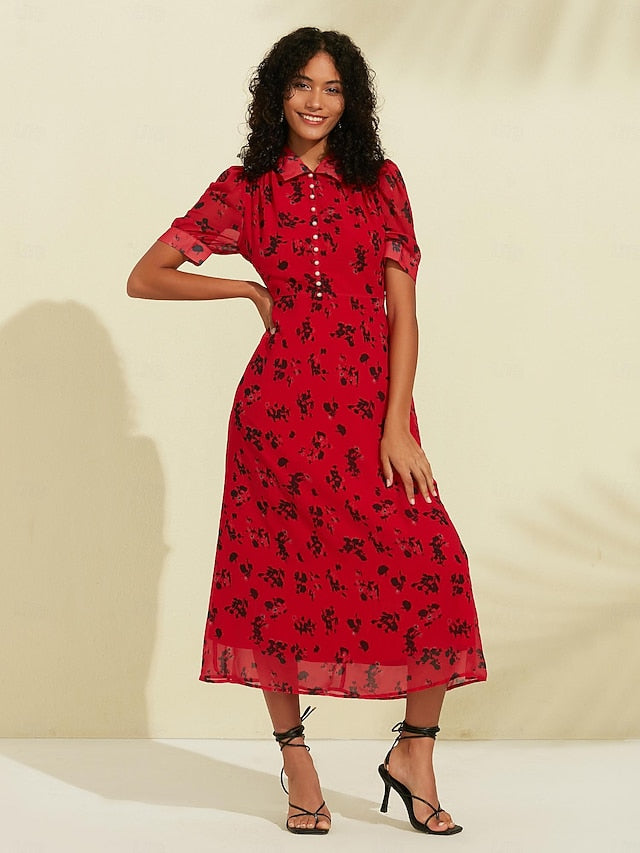 Chiffon Floral Print Puff Sleeve Midi Dress