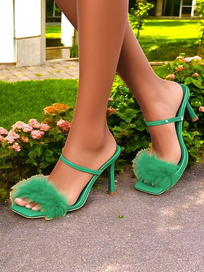 – Bold Feathered Green Sandals High Heeled