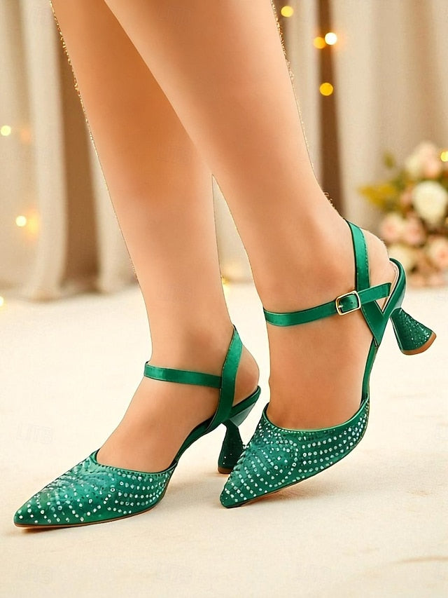 Toe Red Pointed Women's Heels Slingback Rhinestone