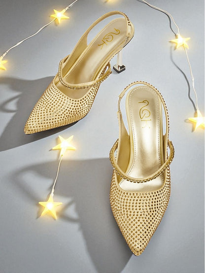Pointed Rhinestone Heels - Women's Gold Sparkly Toe