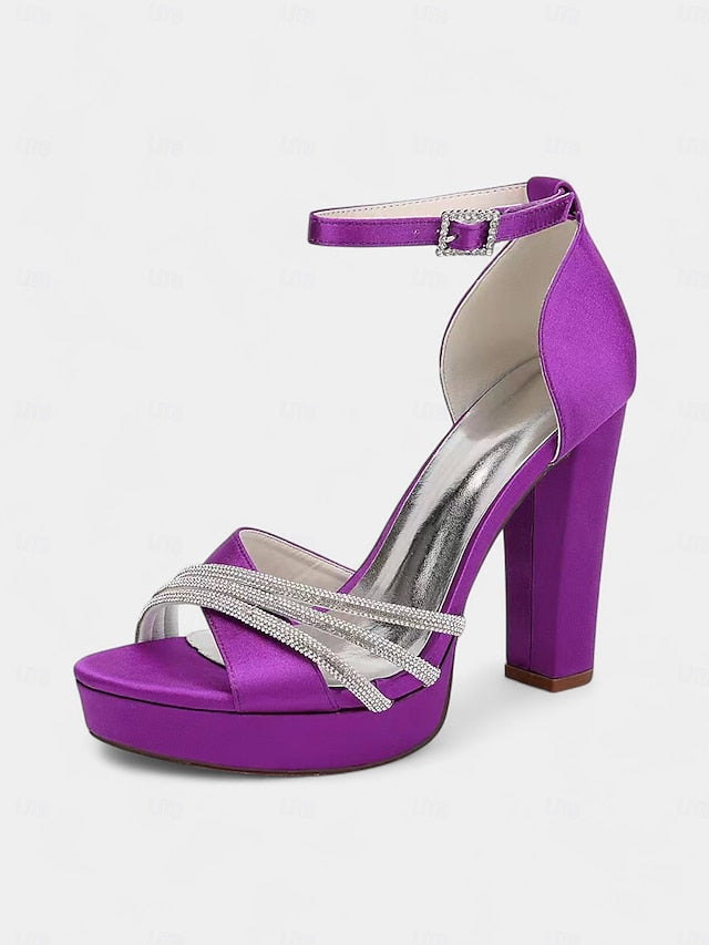 Satin Heel Purple with Straps Sandals Rhinestone High - Platform