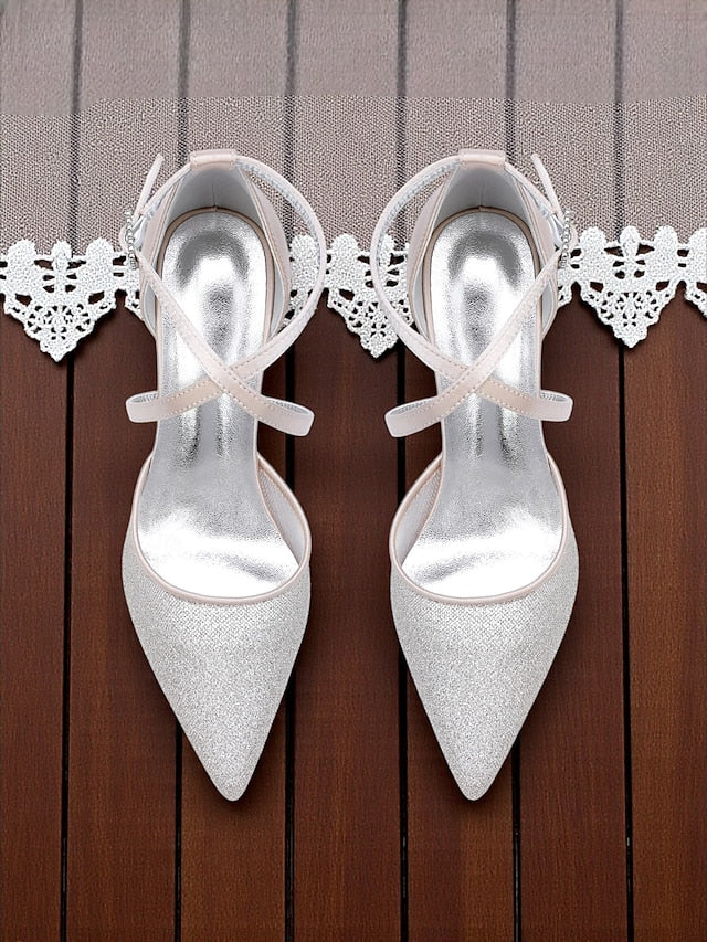 Glitter Stiletto Silver - Heels Strap Elegant Women's Ankle