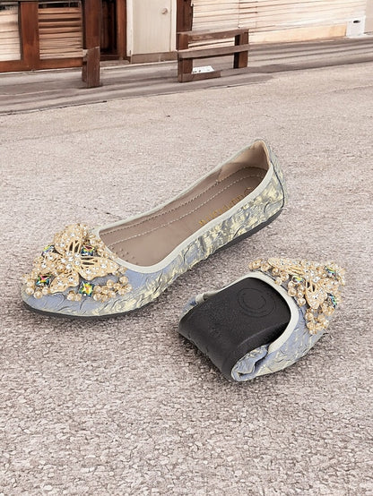 Ballet with Flats Women's Foldable Embroidered Beaded