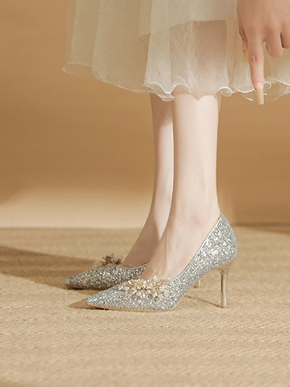 with Women's Glitter Floral Heels Silver Stiletto
