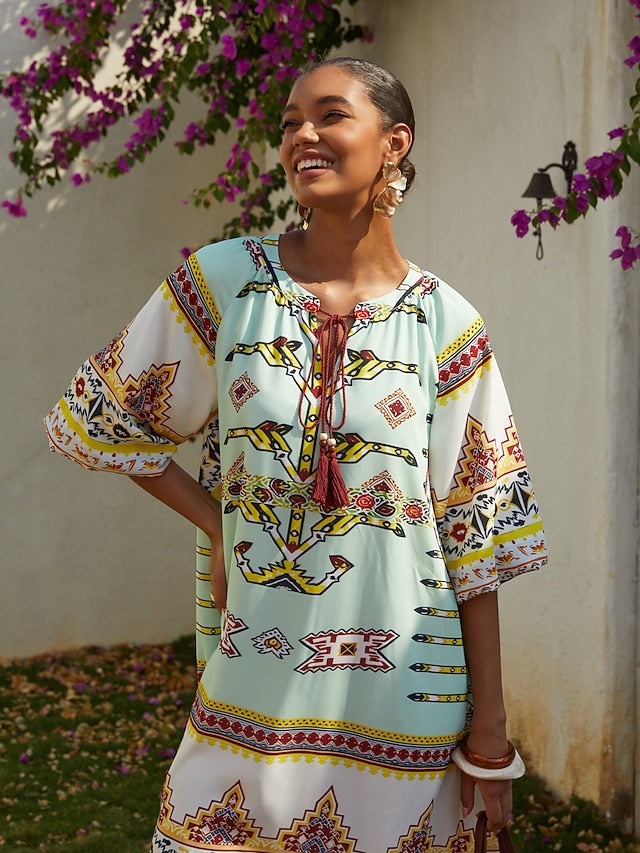 Vacation Vintage Geometric Print Straight Chiffon Maxi Dress