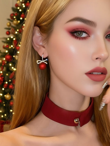 Christmas Rhinestone Pearl Bow Earrings and with Women's