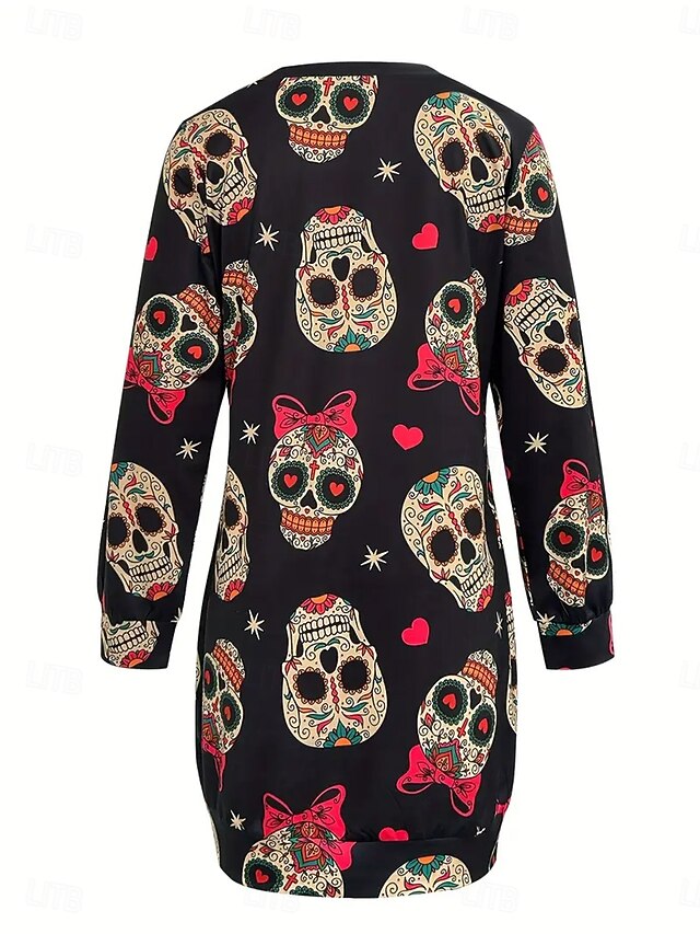 Women's Sweatshirt Dress Skulls Print Mini Dress Shift