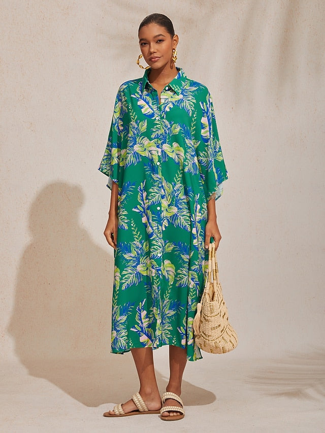 Leaf Print Shirt Short Sleeve Midi Chiffon Dress