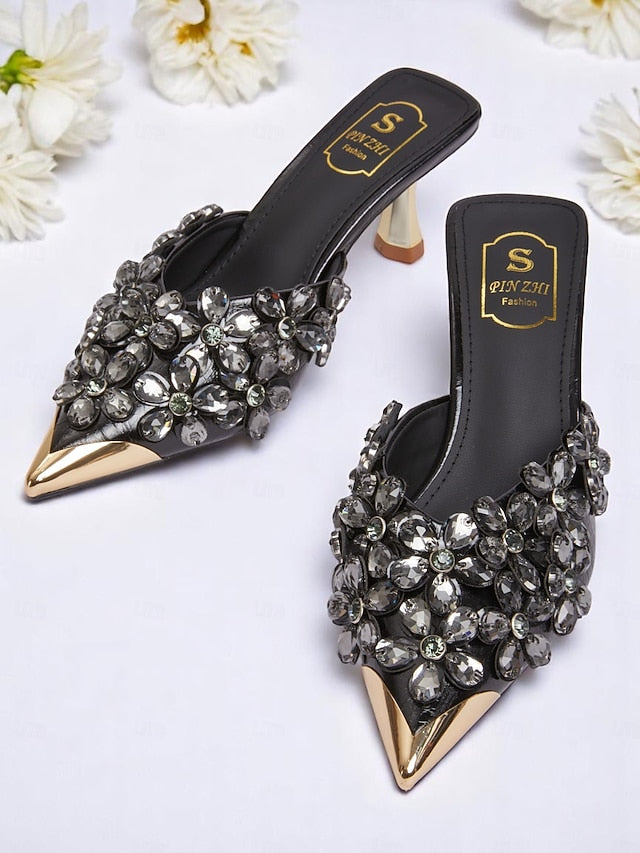 Black – Pointed-Toe Embellished Mules Women's Rhinestone