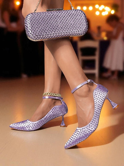 Clutch Bag Matching Women's Green and Heels Rhinestone Set