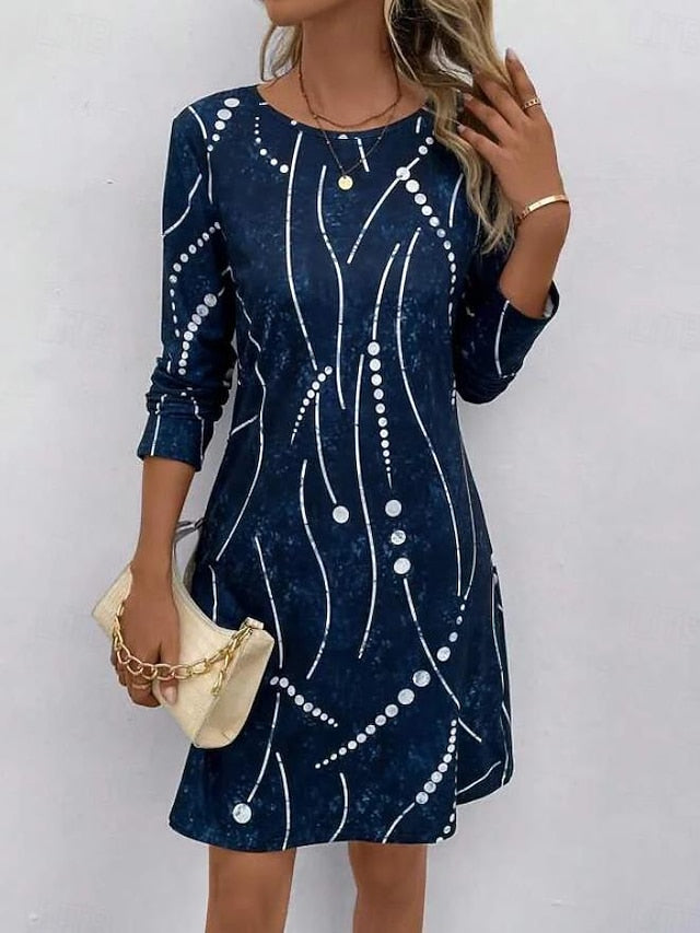 Women's Midi Dress Round Neckline Abstract Beaded